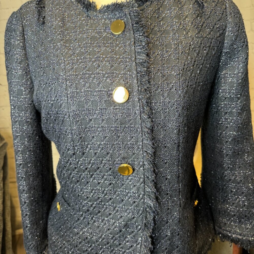 Tory Burch Tweed Emma Fringe Blazer Size 8 Navy